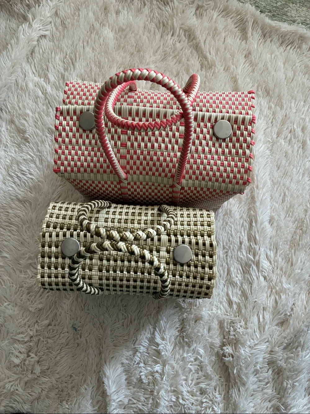 Set of 2 BCG Woven Totes- Pink & Cream and Brown and Cream